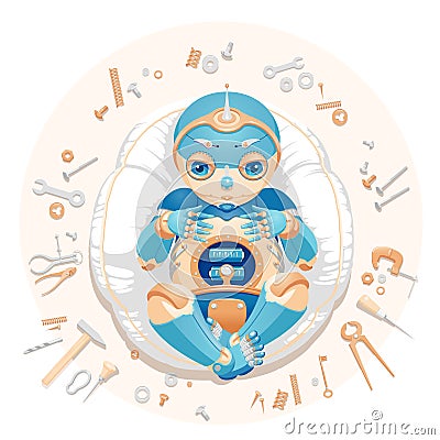 Baby boy robot lying on a pillow Vector Illustration